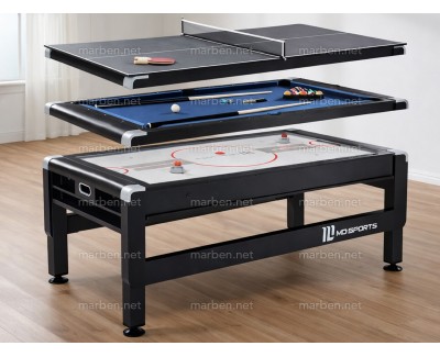 Mesa 3 en 1 SW Giratoria Air-Hockey, Billar, Ping-Pong,  (Negra, paño azul)